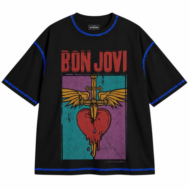 Bon Jovi - Heart and Dagger — Unisex oversize, Negro con costura azul