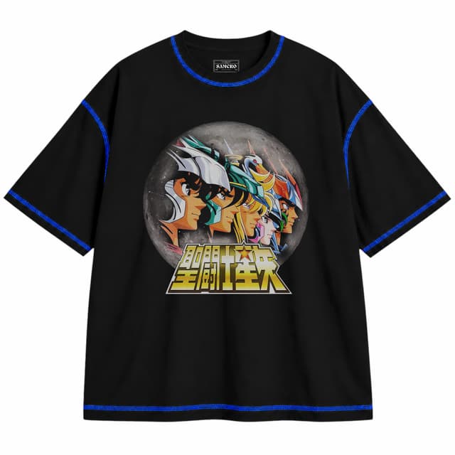 Caballeros Del Zodiaco 1 — Unisex oversize, Negro con costura azul