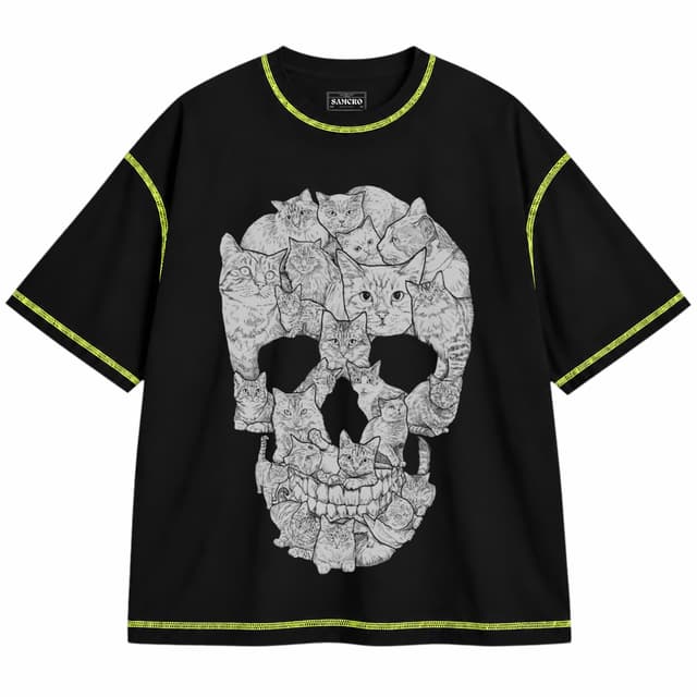 Calavera 5 — Unisex oversize, Negro con costura verde