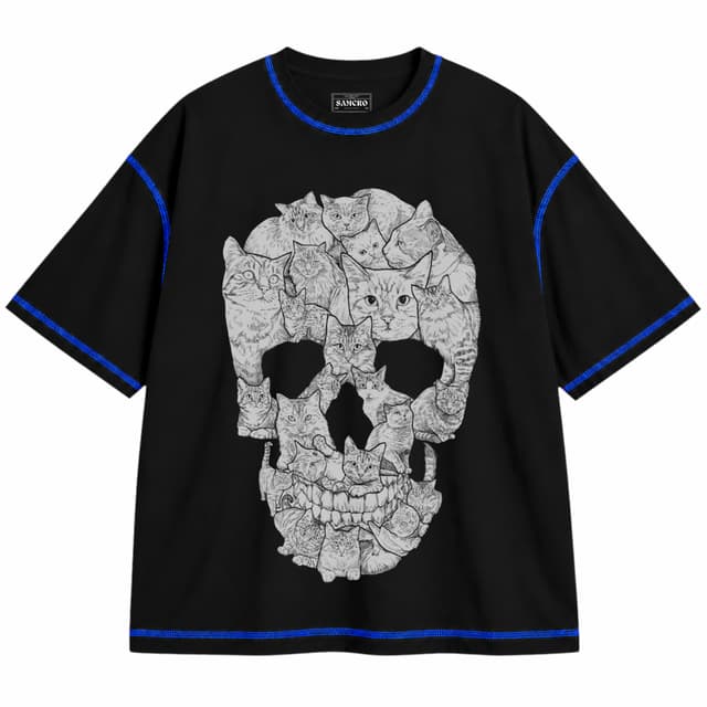 Calavera 5 — Unisex oversize, Negro con costura azul
