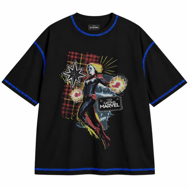 Capitana Marvel 9 — Unisex oversize, Negro con costura azul