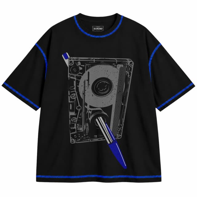cassette 4 — Unisex oversize, Negro con costura azul