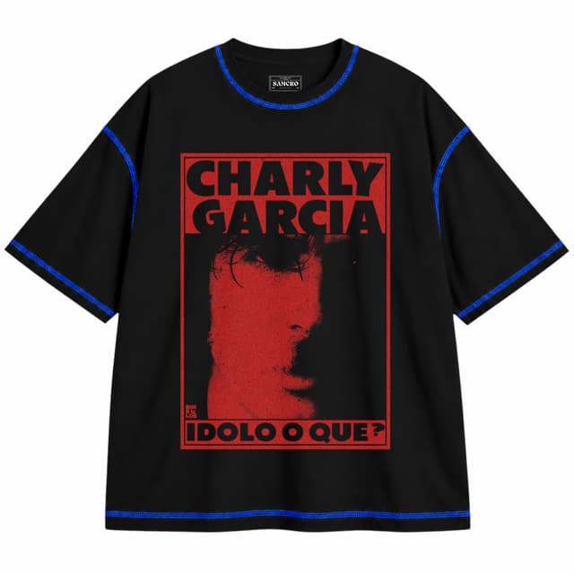 Charly García - Idolo O Que — Unisex oversize, Negro con costura azul