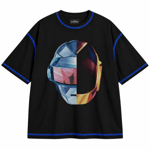 Daft Punk 3 — Unisex oversize, Negro con costura azul