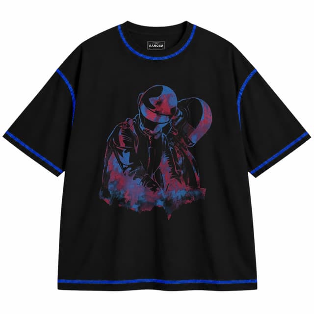 Daft Punk 6 — Unisex oversize, Negro con costura azul