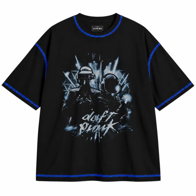 Daft Punk - Duo Blue Lasers — Unisex oversize, Negro con costura azul