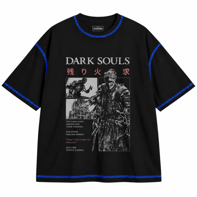 Dark Souls - Don't You Dare Go Hollow — Unisex oversize, Negro con costura azul