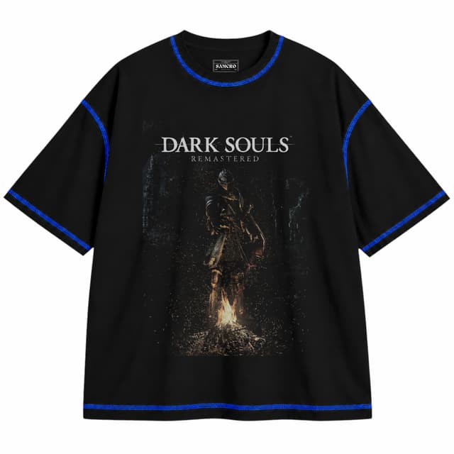 Dark Souls - Remastered Bonfire — Unisex oversize, Negro con costura azul