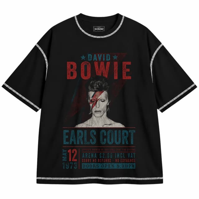 David Bowie - Earls Court 73 — Unisex oversize, Negro con costura blanca