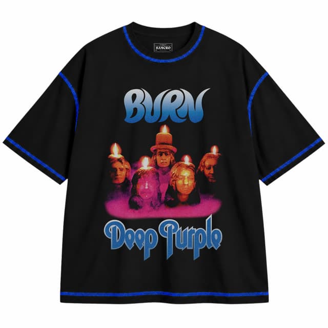 Deep Purple 14 — Unisex oversize, Negro con costura azul