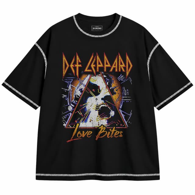 Def Leppard 11 — Unisex oversize, Negro con costura blanca