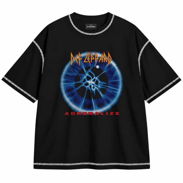 Def Leppard 5 — Unisex oversize, Negro con costura blanca