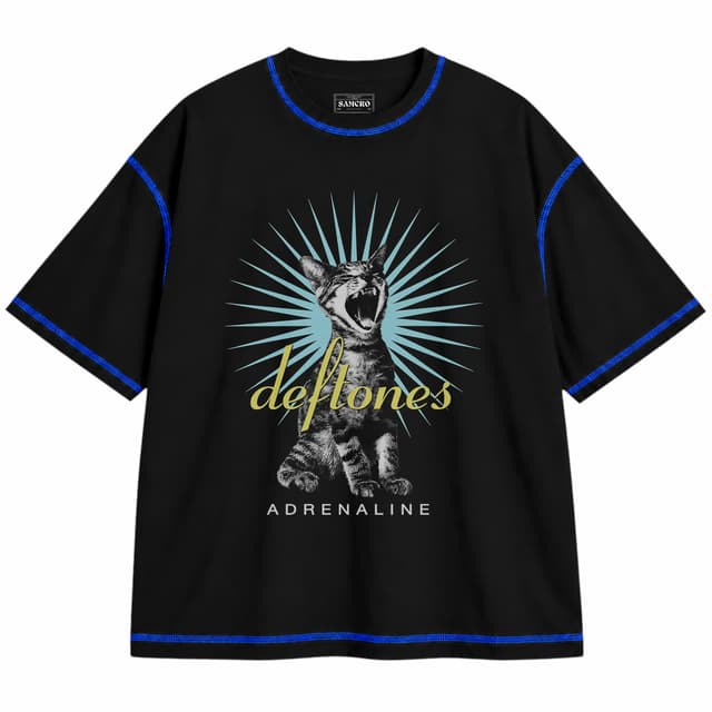 Deftones 1 — Unisex oversize, Negro con costura azul