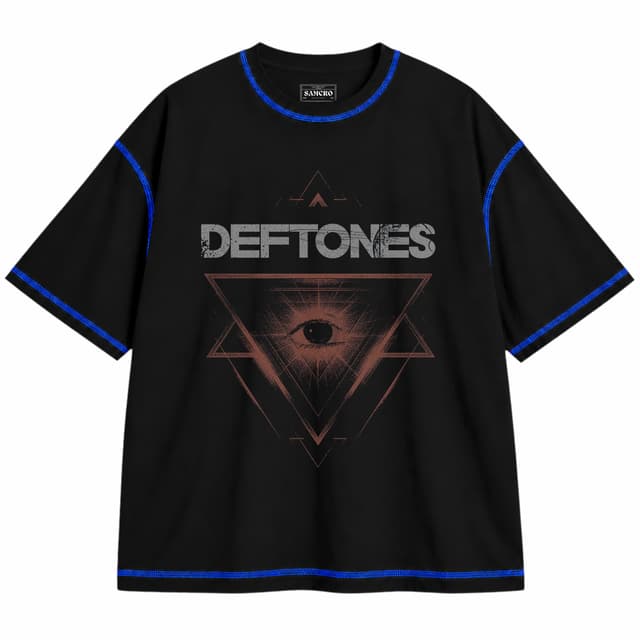 Deftones 8 — Unisex oversize, Negro con costura azul