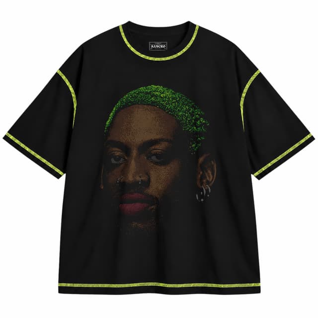 Dennis Rodman 3 — Unisex oversize, Negro con costura verde