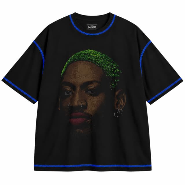 Dennis Rodman 3 — Unisex oversize, Negro con costura azul