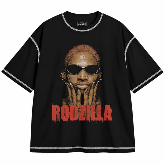 Dennis Rodman 4 — Unisex oversize, Negro con costura blanca