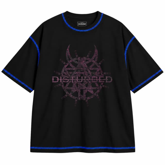 Disturbed 1 — Unisex oversize, Negro con costura azul