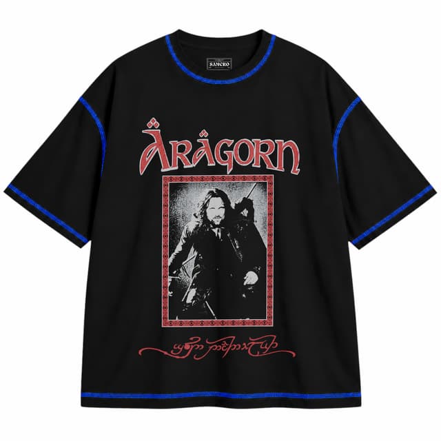 El Señor de los Anillos - Aragorn Red Frame Portrait — Unisex oversize, Negro con costura azul