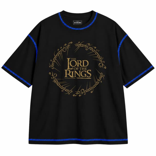 El Señor de los Anillos - Ring Inscription Gold — Unisex oversize, Negro con costura azul