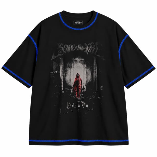 Escape the Fate - Deja Vu — Unisex oversize, Negro con costura azul