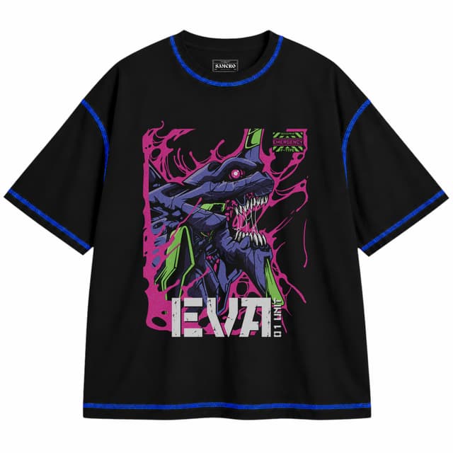 Evangelion - Eva Unit 01 Emergency — Unisex oversize, Negro con costura azul
