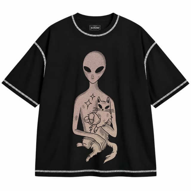 Extraterrestre 7 — Unisex oversize, Negro con costura blanca