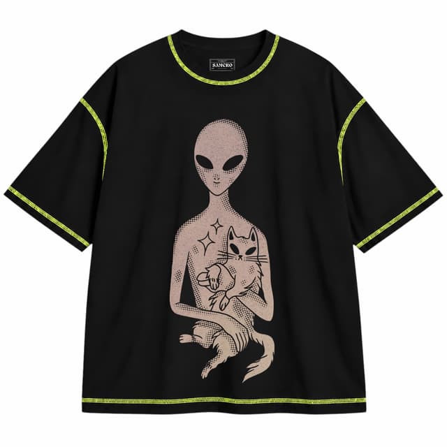 Extraterrestre 7 — Unisex oversize, Negro con costura verde