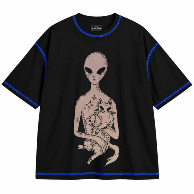 Extraterrestre 7 — Unisex oversize, Negro con costura azul
