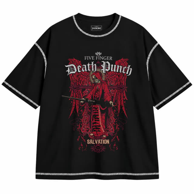 Five FInger Death Punch 11 — Unisex oversize, Negro con costura blanca