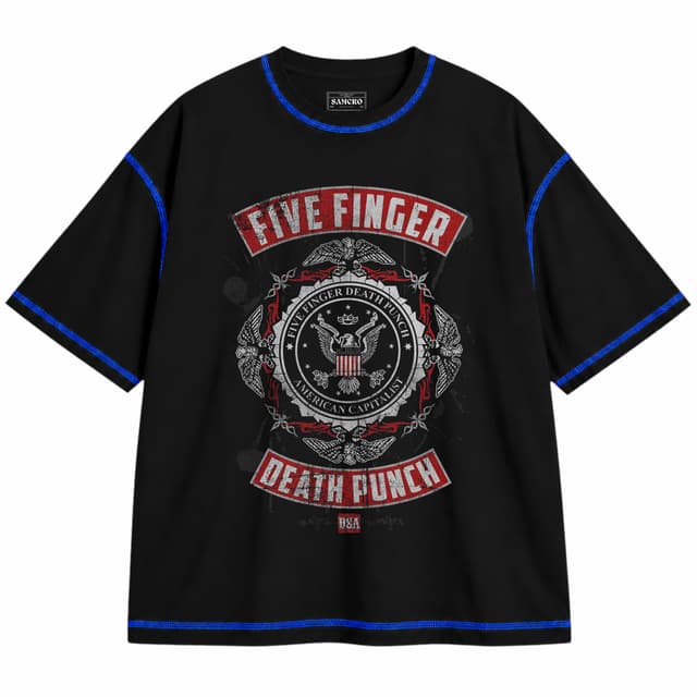 Five FInger Death Punch 2 — Unisex oversize, Negro con costura azul