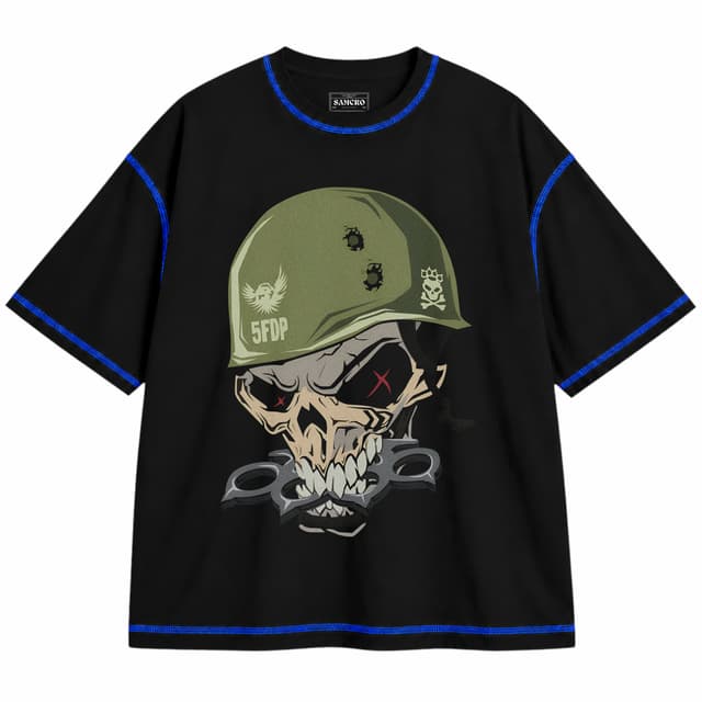 Five FInger Death Punch 3 — Unisex oversize, Negro con costura azul