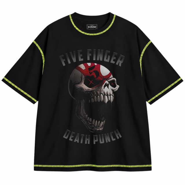 Five FInger Death Punch 4 — Unisex oversize, Negro con costura verde