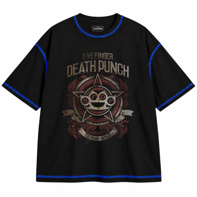 Five FInger Death Punch 7 — Unisex oversize, Negro con costura azul