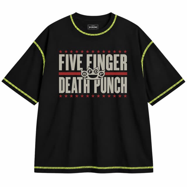 Five FInger Death Punch 9 — Unisex oversize, Negro con costura verde