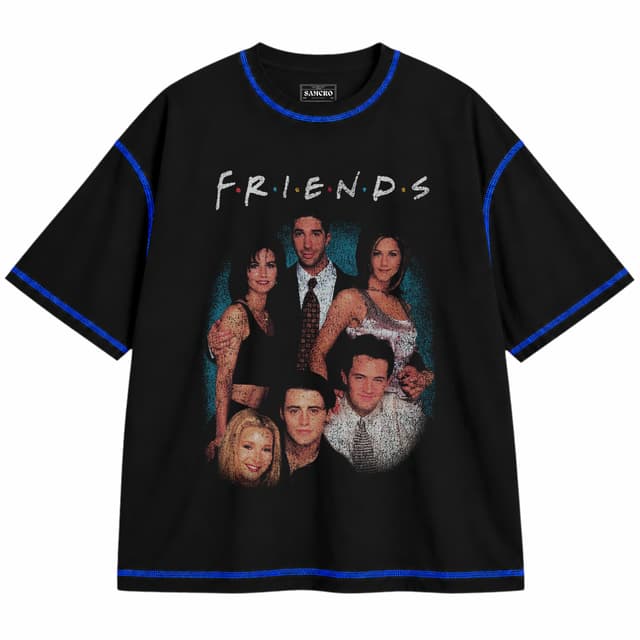 Friends 25 — Unisex oversize, Negro con costura azul