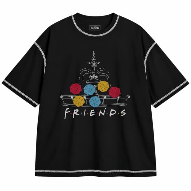Friends 8 — Unisex oversize, Negro con costura blanca