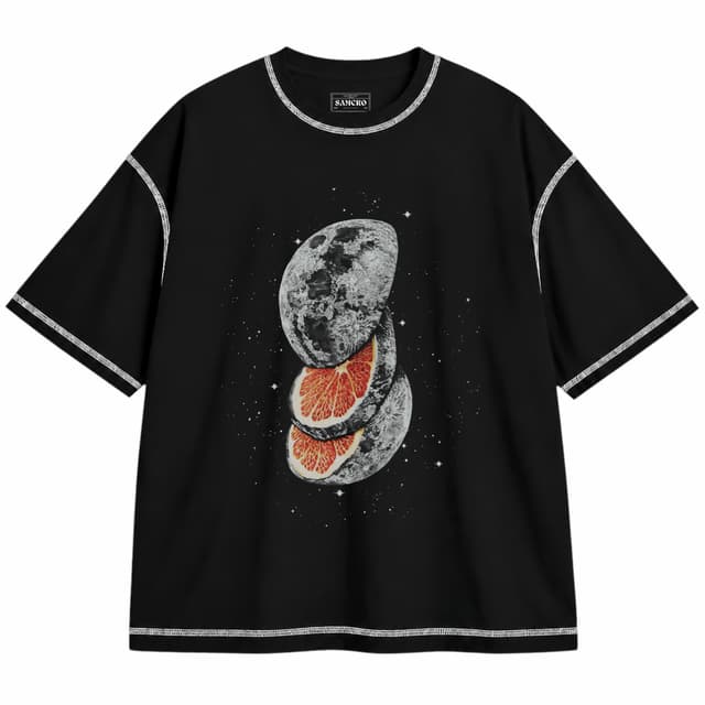 Fruta Lunar — Unisex oversize, Negro con costura blanca