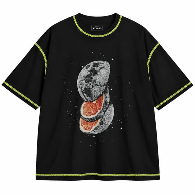 Fruta Lunar — Unisex oversize, Negro con costura verde
