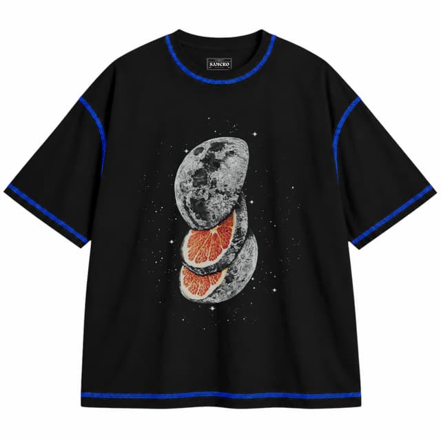 Fruta Lunar — Unisex oversize, Negro con costura azul