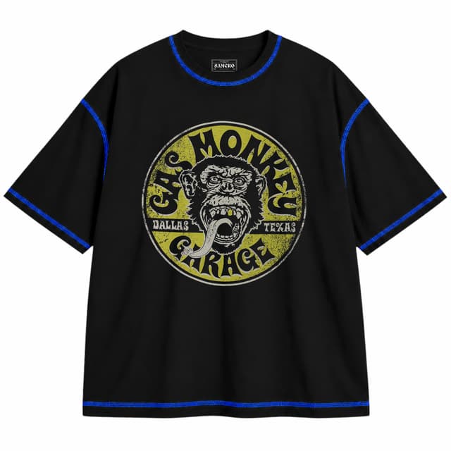 Gas Monkey 2 — Unisex oversize, Negro con costura azul