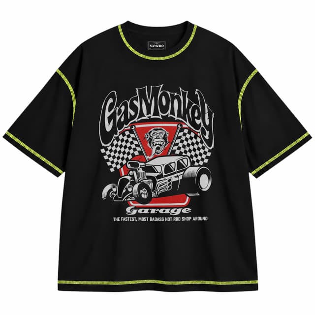 Gas Monkey 7 — Unisex oversize, Negro con costura verde