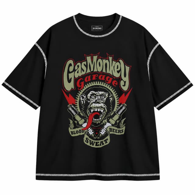 Gas Monkey 6 — Unisex oversize, Negro con costura blanca