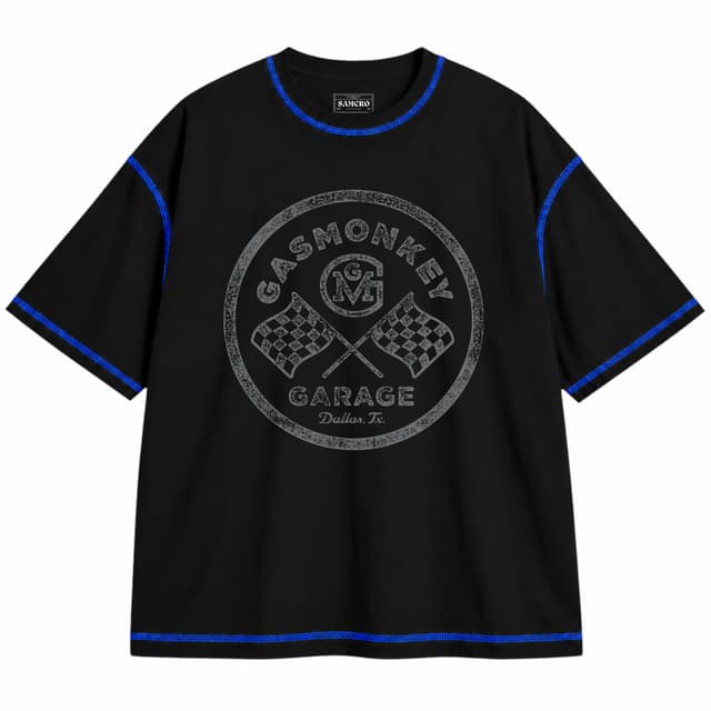 Gas Monkey 8 — Unisex oversize, Negro con costura azul