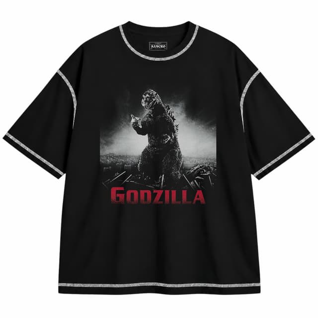 Godzilla 2 — Unisex oversize, Negro con costura blanca