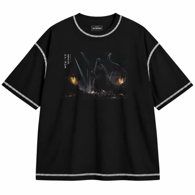 Godzilla 4 — Unisex oversize, Negro con costura blanca