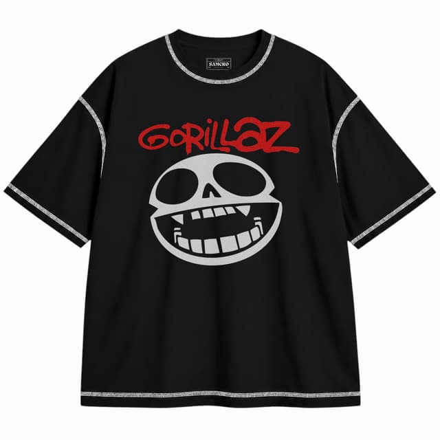 Gorillaz 4 — Unisex oversize, Negro con costura blanca