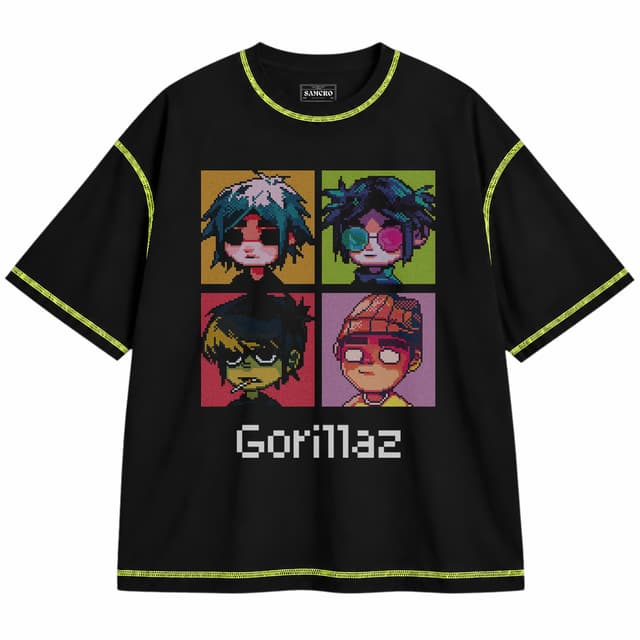 Gorillaz 5 — Unisex oversize, Negro con costura verde
