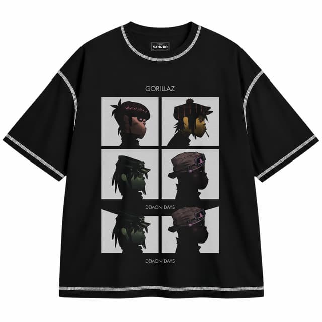 Gorillaz - Demon Days — Unisex oversize, Negro con costura blanca
