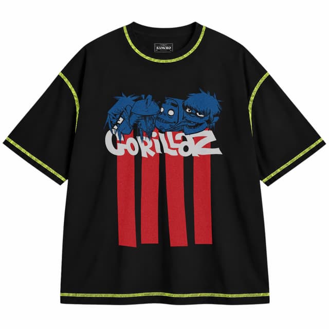 Gorillaz - Pez Heads — Unisex oversize, Negro con costura verde